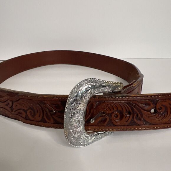 Vintage Nocona Unisex Sz 34 Belt Silver Western Hand Tooled Cowhide Leather main image 9